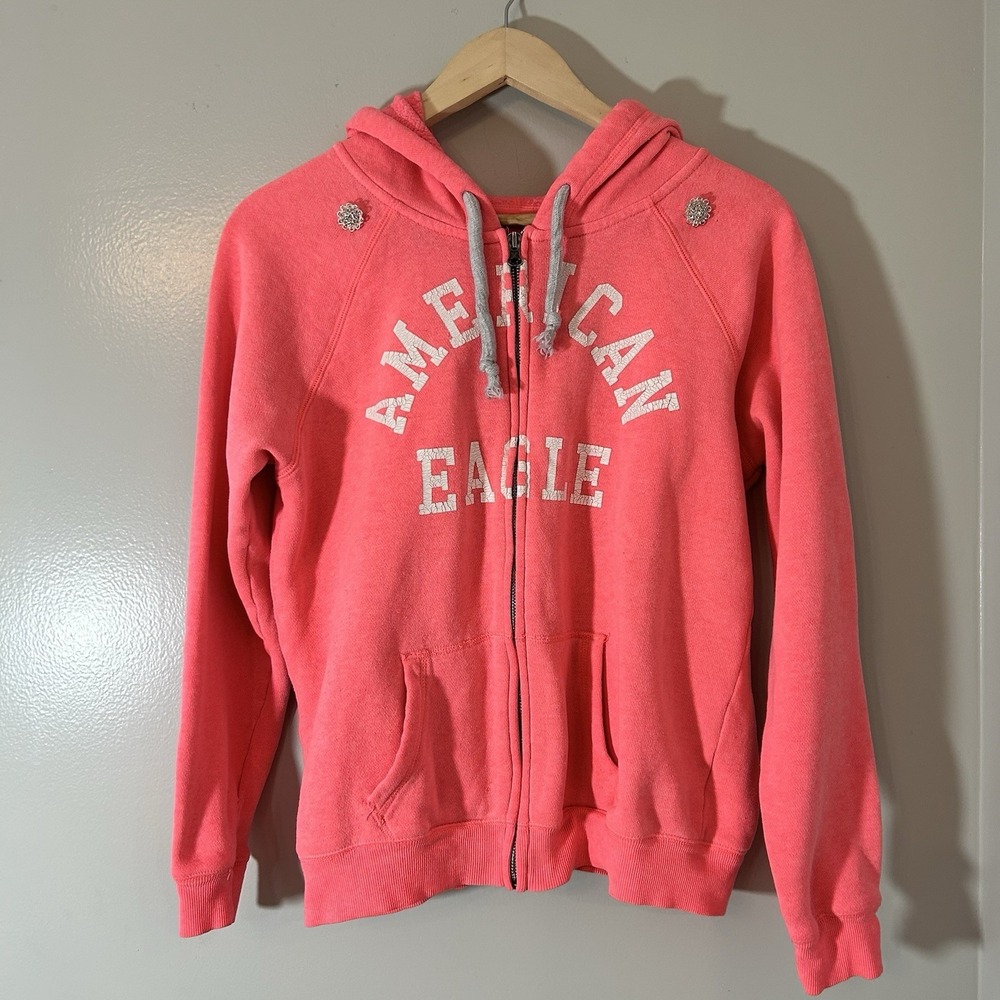 American Eagle Zip Hoodie Women's Medium Added Rhinestones Shoulder Neon
